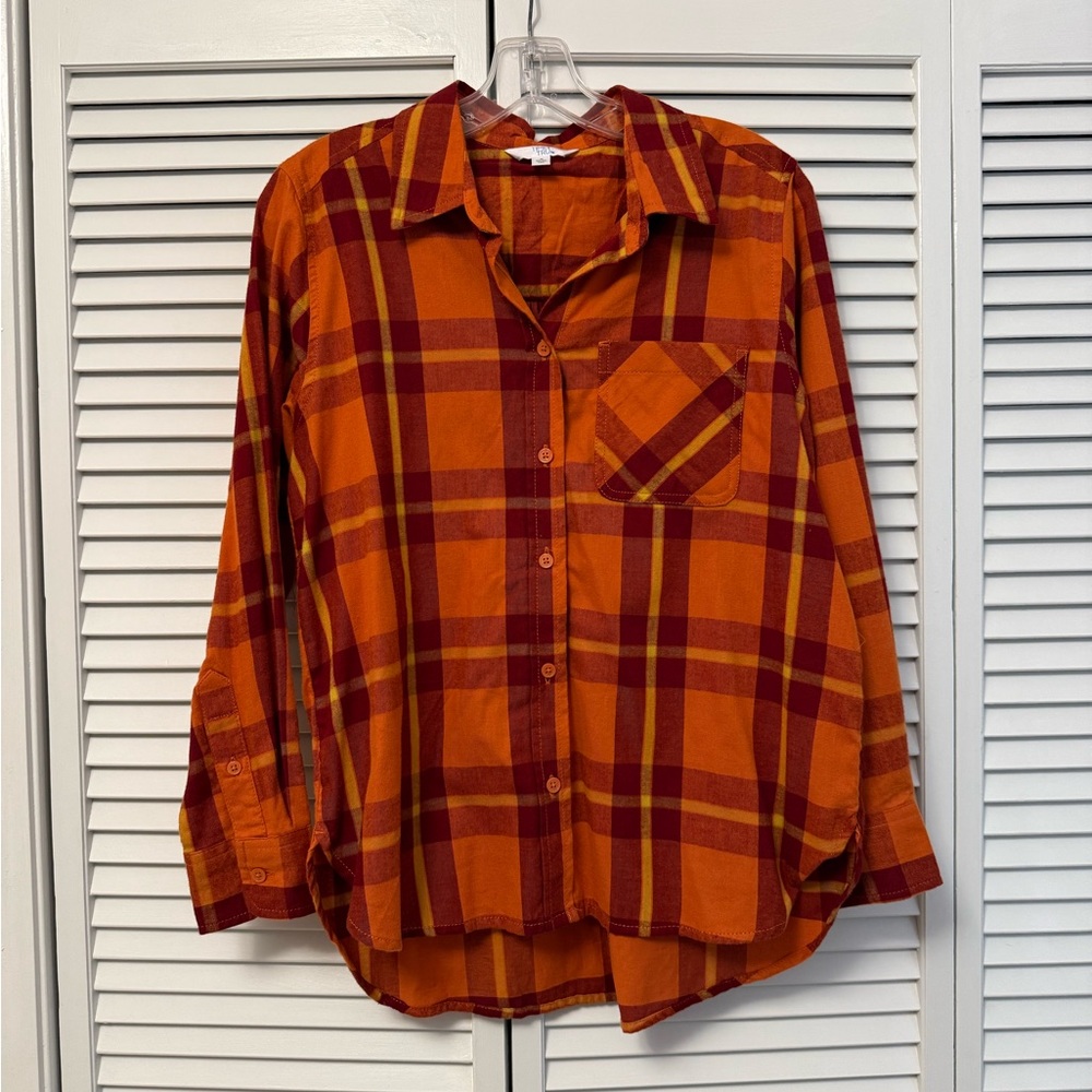 Time and Tru Orange Red Plaid Shirt Fall Colors Long Sleeve Button Up SMALL S SM